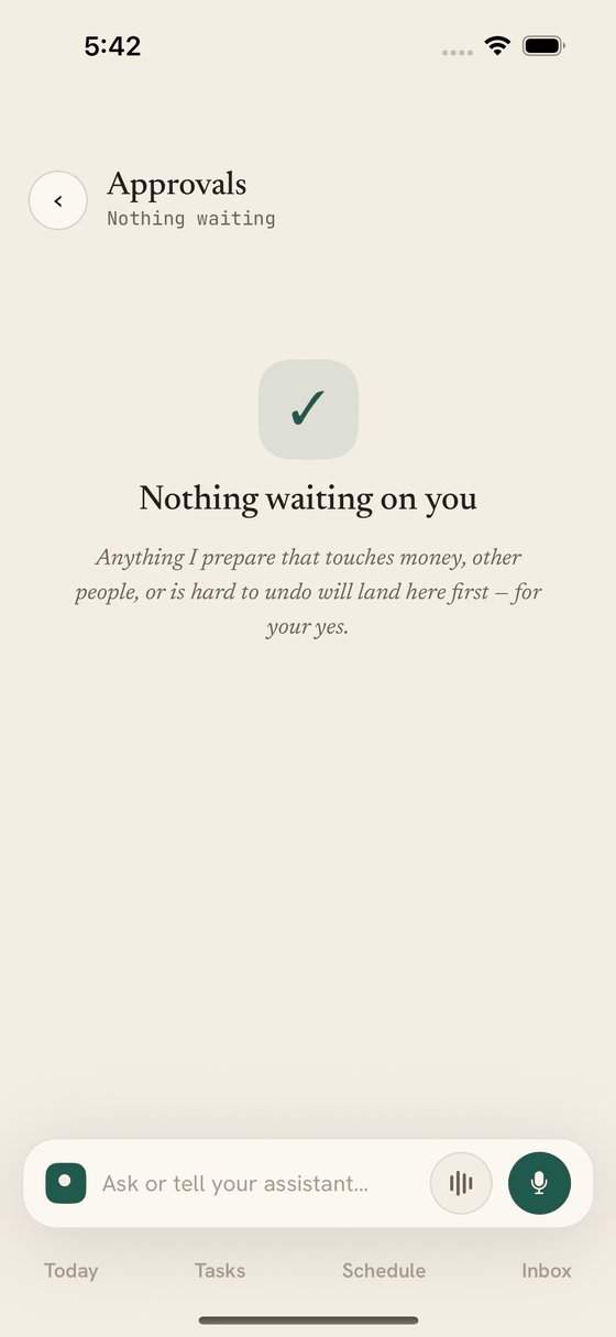 Oltrex Approvals screen with the message: Nothing waiting on you.