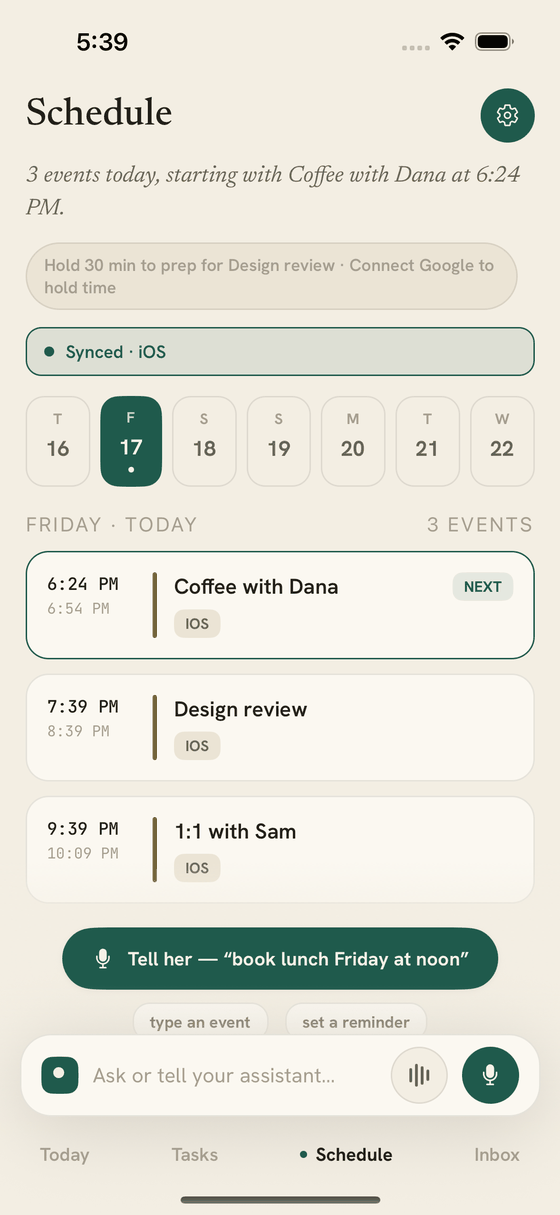Oltrex Schedule screen showing a connected calendar day and open-time planning prompt.