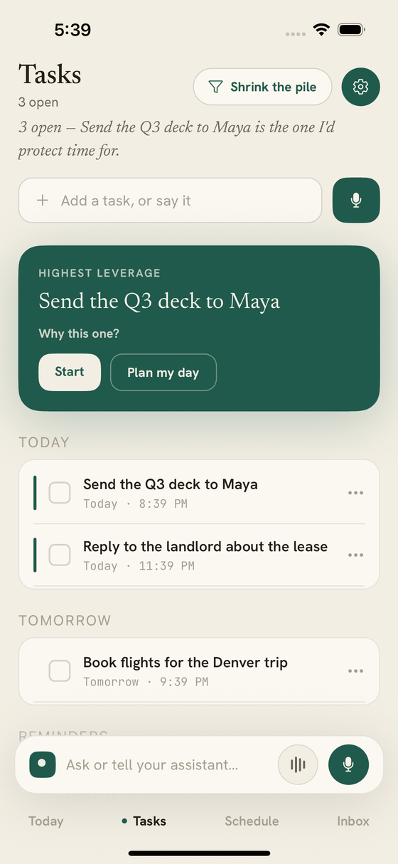 The real Oltrex Tasks screen showing open tasks organized under Today and Tomorrow.
